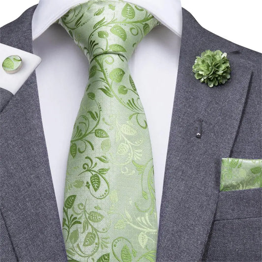 8.5 cm green silk ties + handkerchief + cufflinks set - dealod