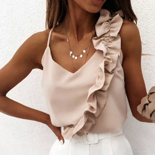Blouses with ruffles, open back, thin straps