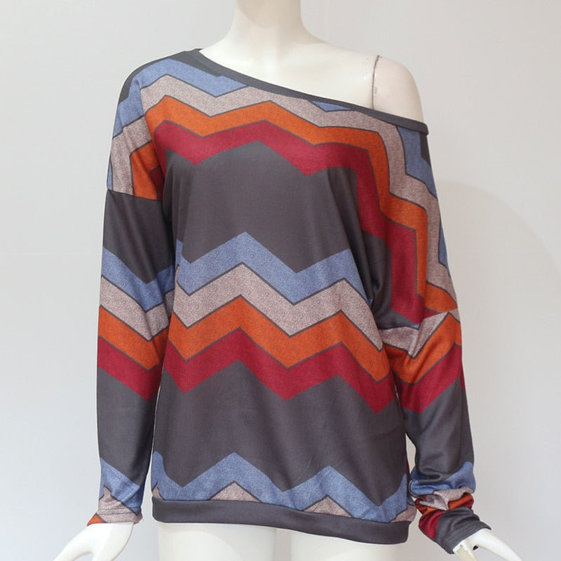 Off Shoulder Tops Striped Print Pullover Jumper - dealod