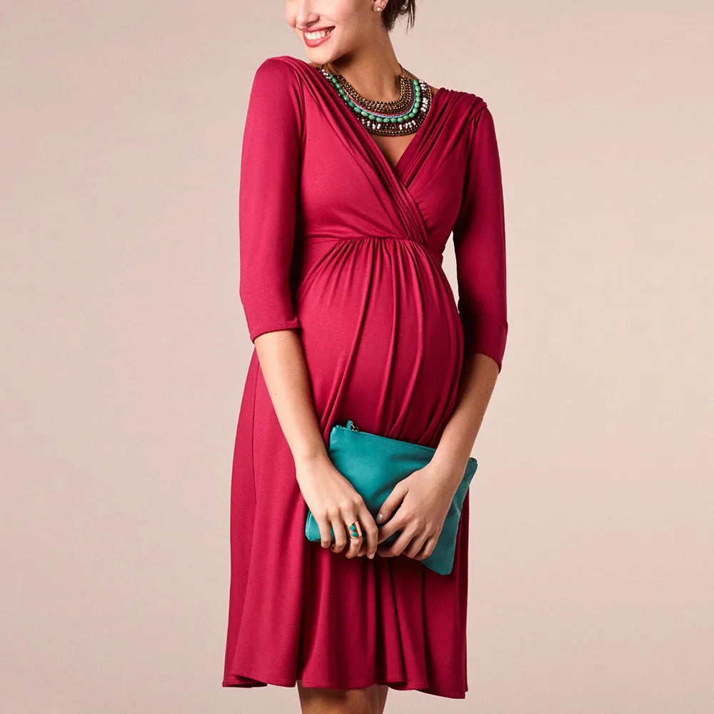 V-neck three-quarter sleeve pleated pregnancy dress - dealod