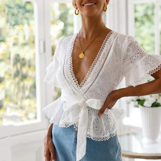 Cotton embroidery lace blouses - dealod