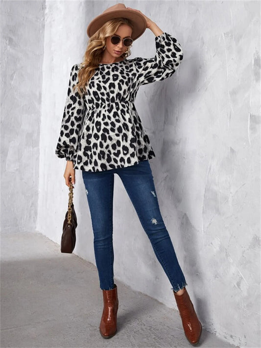 Maternity Top, Long Sleeve Spotted Leopard Print