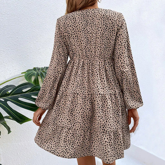 Leopard Print Long Sleeve Pleated Dress
