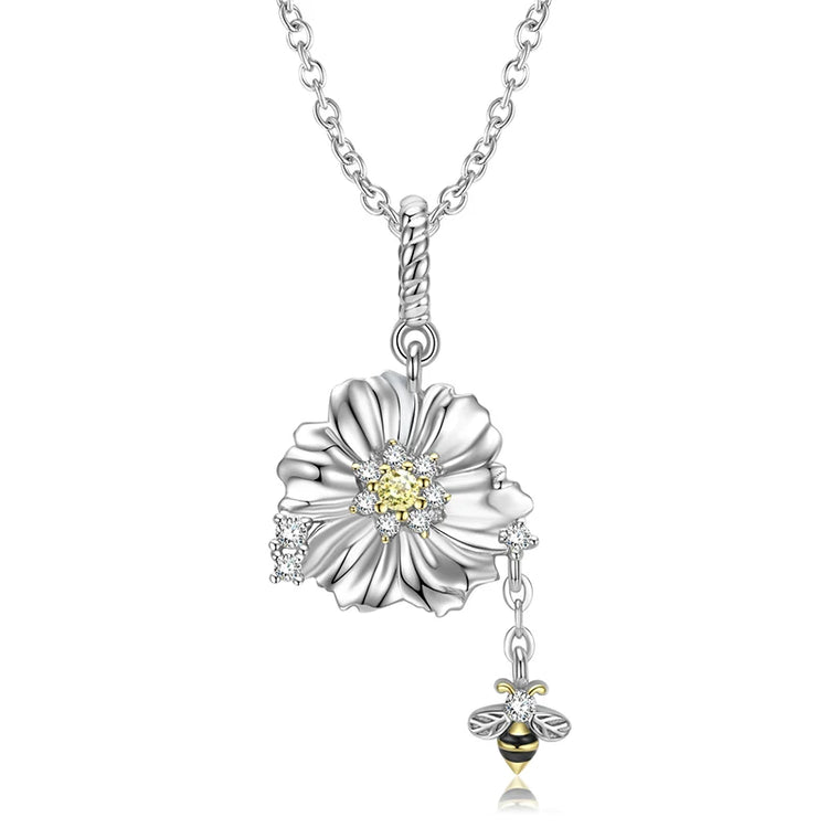 925 Sterling Silver Daisy and Bee Pendant Choker