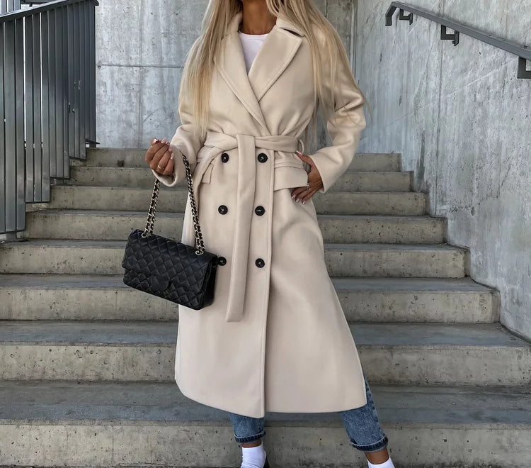 Lapel Collar Long Sleeve Double Breasted Hem Wool Coat