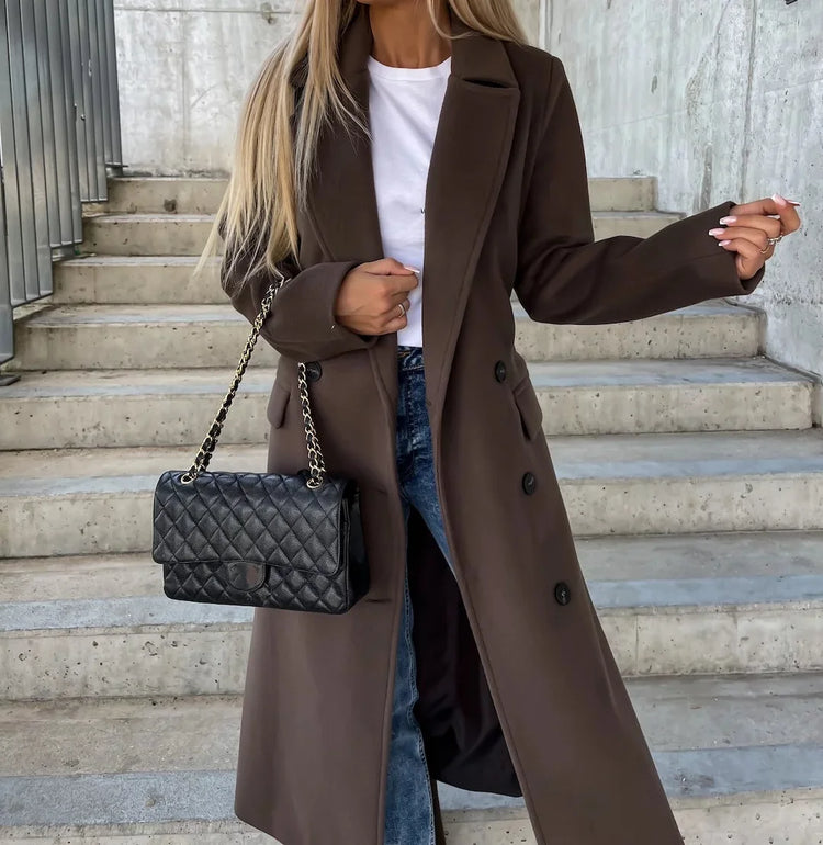 Lapel Collar Long Sleeve Double Breasted Hem Wool Coat