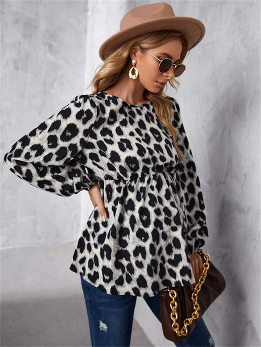 Maternity Top, Long Sleeve Spotted Leopard Print