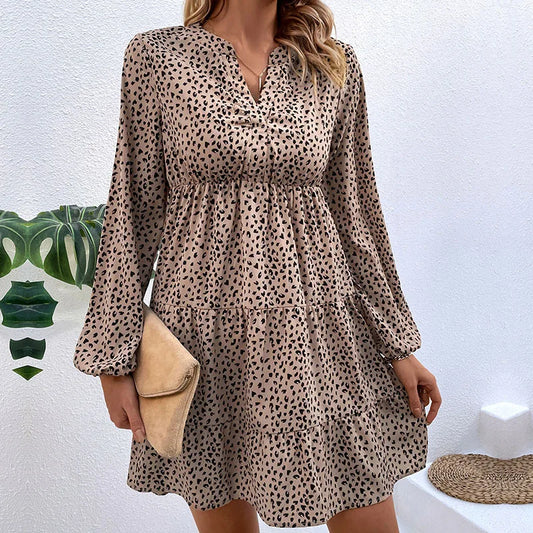 Leopard Print Long Sleeve Pleated Dress