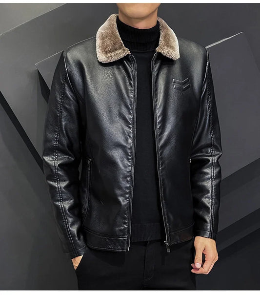 Leather jacket with thickened fur collar