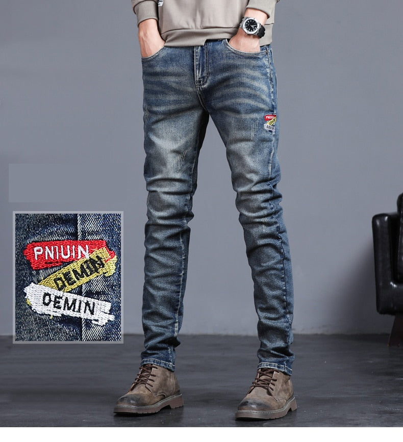 Jeans Vintage Blue Solid Color Elastic - dealod