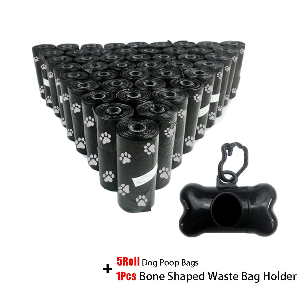 Pet Poop Bags Disposable Dog Waste Bags, Bulk Poop Bags with Leash Clip and Bone Bag Dispenser 5Roll(75Pcs) Bags with Paw Prints - dealod