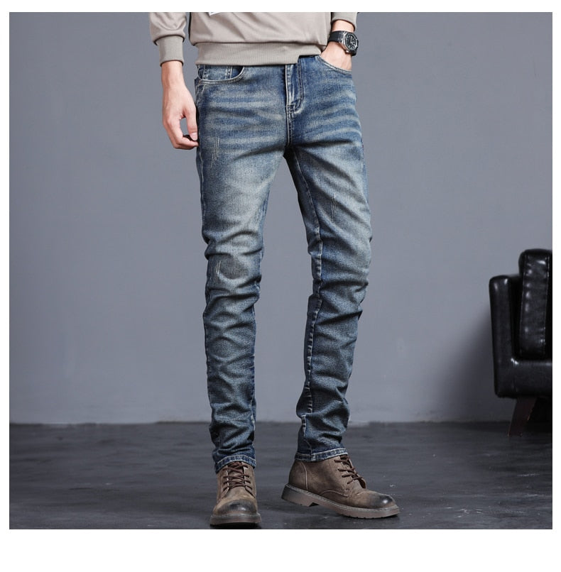 Jeans Vintage Blue Solid Color Elastic - dealod