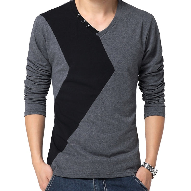 StreetLong Sleeve V Neck Color Patchwork Cotton T Shirt Men - dealod