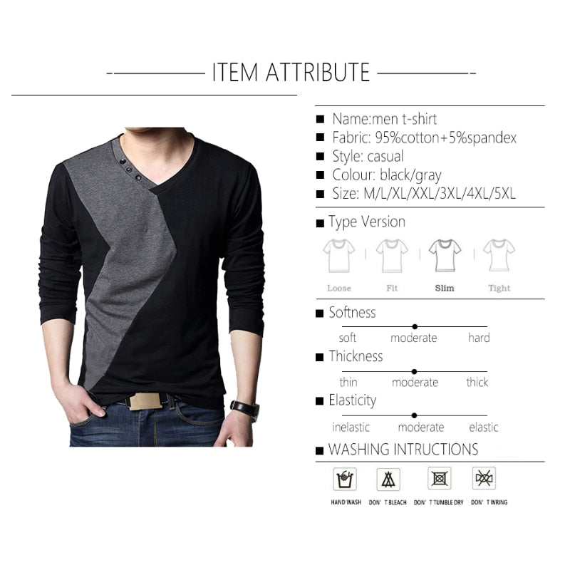 StreetLong Sleeve V Neck Color Patchwork Cotton T Shirt Men - dealod