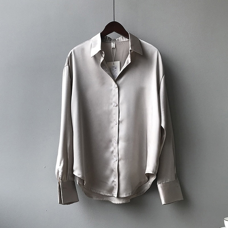 Fashion Button Up Satin Silk Shirt Vintage - dealod