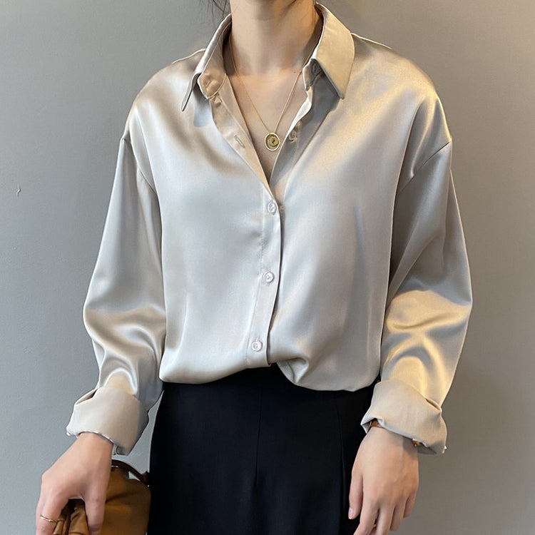 Fashion Button Up Satin Silk Shirt Vintage - dealod