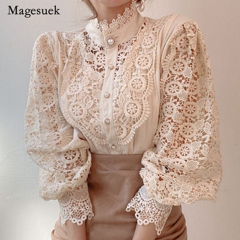 Petal Sleeve Stand Collar Hollow Out Flower Lace Patchwork Blouse - dealod