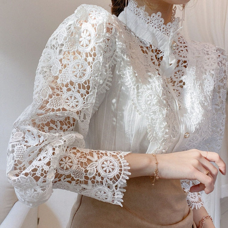 Petal Sleeve Stand Collar Hollow Out Flower Lace Patchwork Blouse - dealod