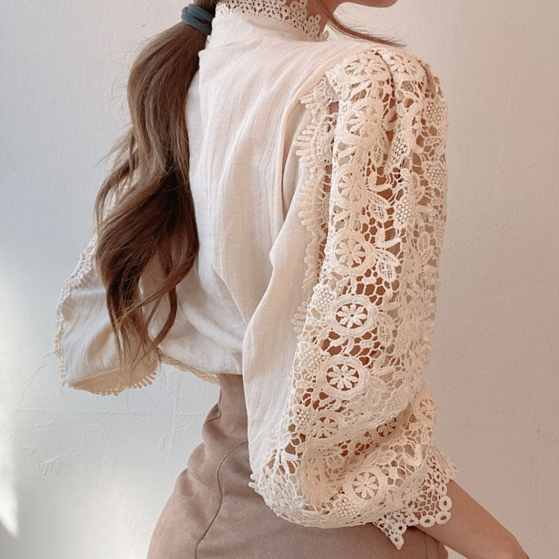 Petal Sleeve Stand Collar Hollow Out Flower Lace Patchwork Blouse - dealod