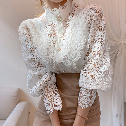 Petal Sleeve Stand Collar Hollow Out Flower Lace Patchwork Blouse - dealod
