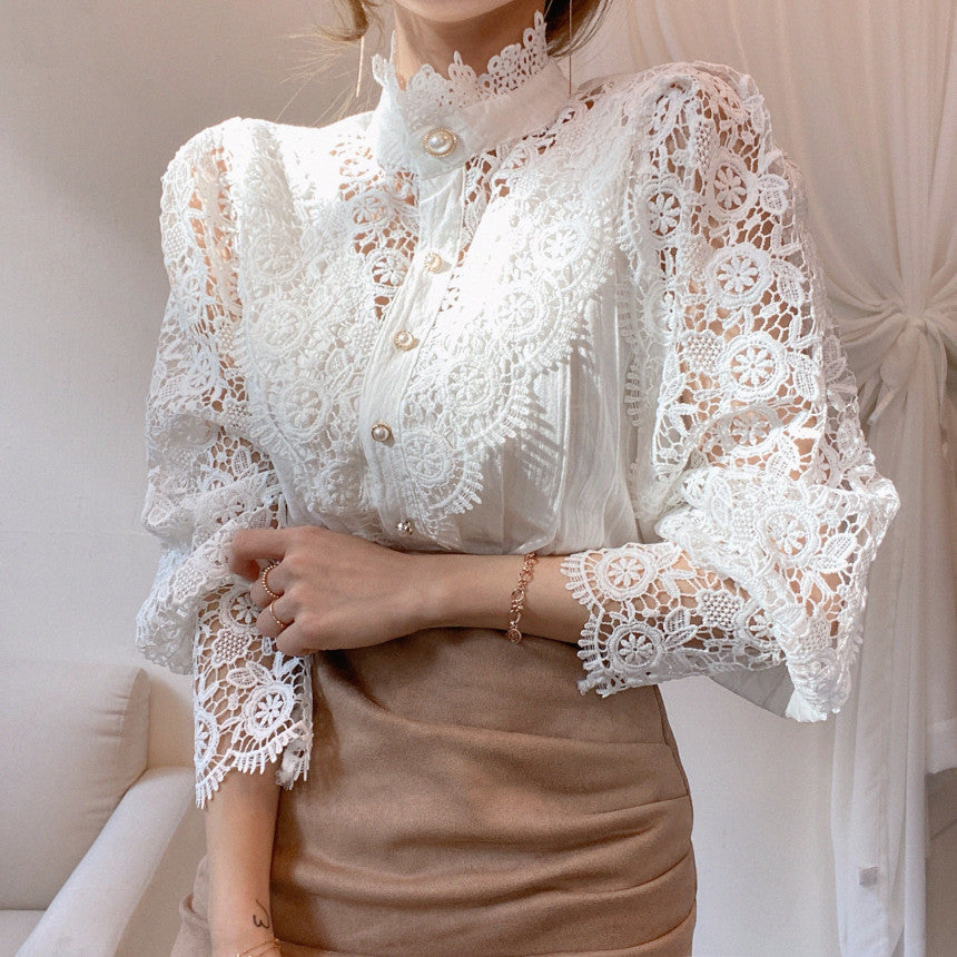 Petal Sleeve Stand Collar Hollow Out Flower Lace Patchwork Blouse - dealod