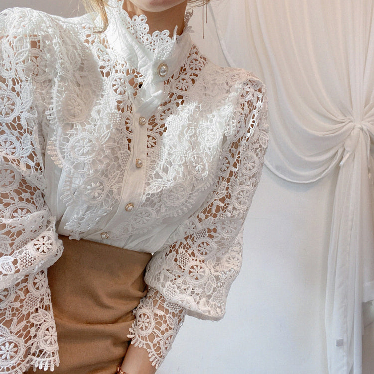 Petal Sleeve Stand Collar Hollow Out Flower Lace Patchwork Blouse - dealod