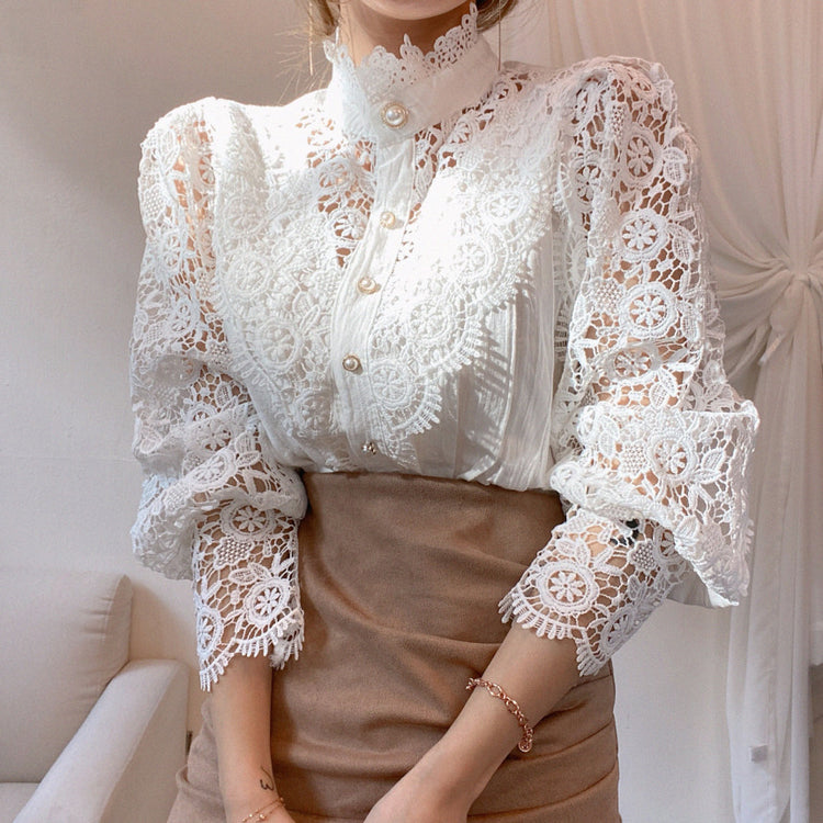 Petal Sleeve Stand Collar Hollow Out Flower Lace Patchwork Blouse - dealod