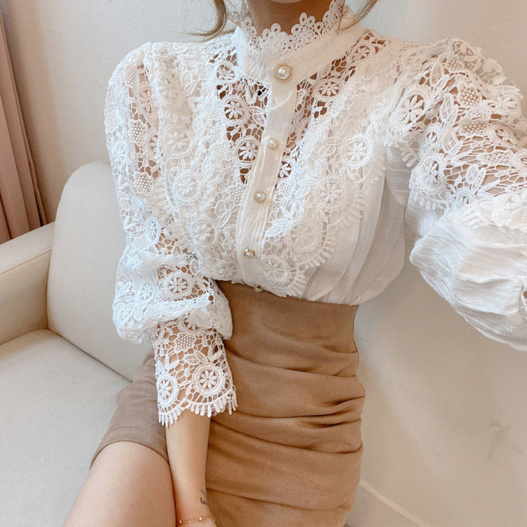 Petal Sleeve Stand Collar Hollow Out Flower Lace Patchwork Blouse - dealod