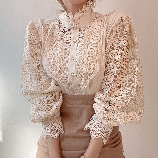 Petal Sleeve Stand Collar Hollow Out Flower Lace Patchwork Blouse - dealod