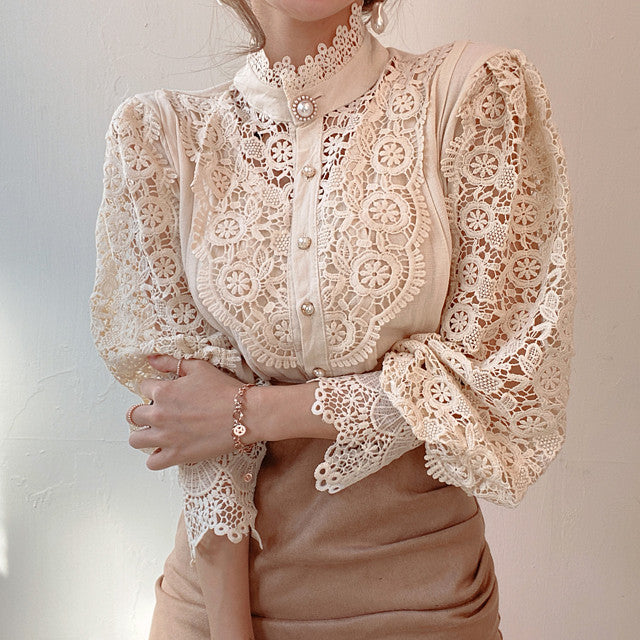 Petal Sleeve Stand Collar Hollow Out Flower Lace Patchwork Blouse - dealod