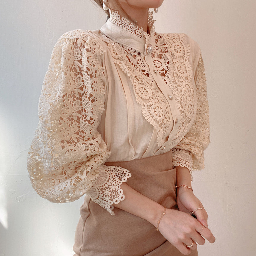 Petal Sleeve Stand Collar Hollow Out Flower Lace Patchwork Blouse - dealod