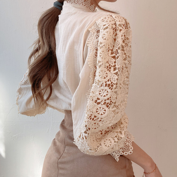 Petal Sleeve Stand Collar Hollow Out Flower Lace Patchwork Blouse - dealod