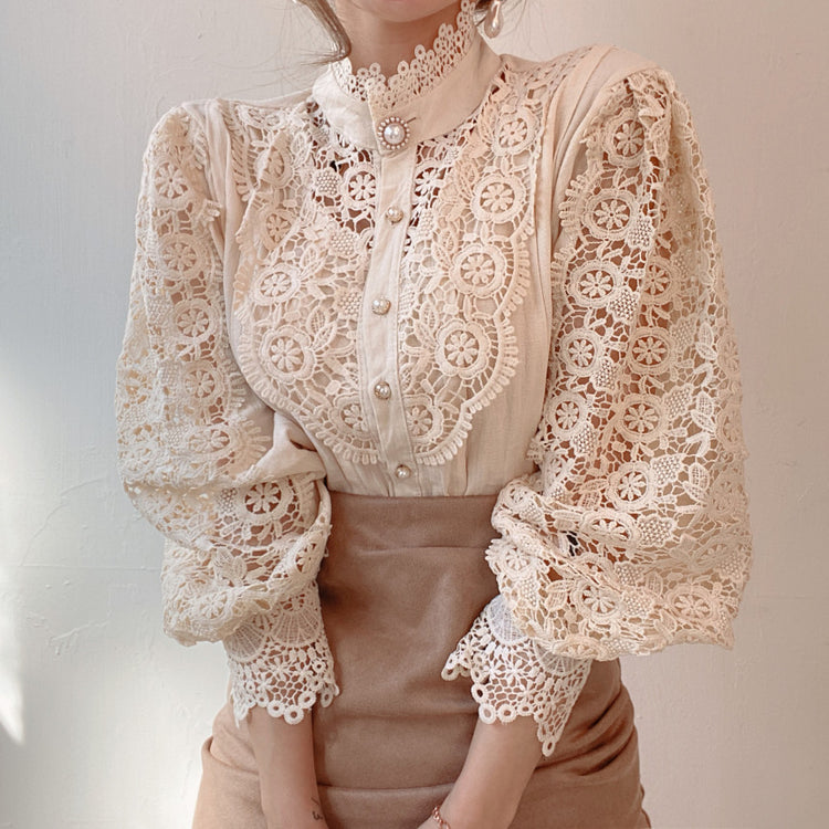 Petal Sleeve Stand Collar Hollow Out Flower Lace Patchwork Blouse - dealod