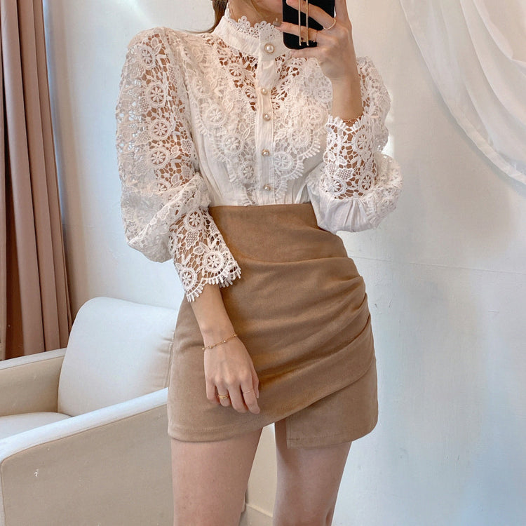 Petal Sleeve Stand Collar Hollow Out Flower Lace Patchwork Blouse - dealod