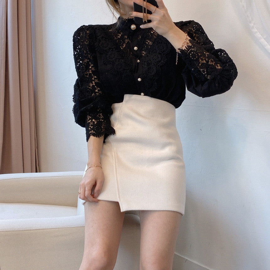 Petal Sleeve Stand Collar Hollow Out Flower Lace Patchwork Blouse - dealod