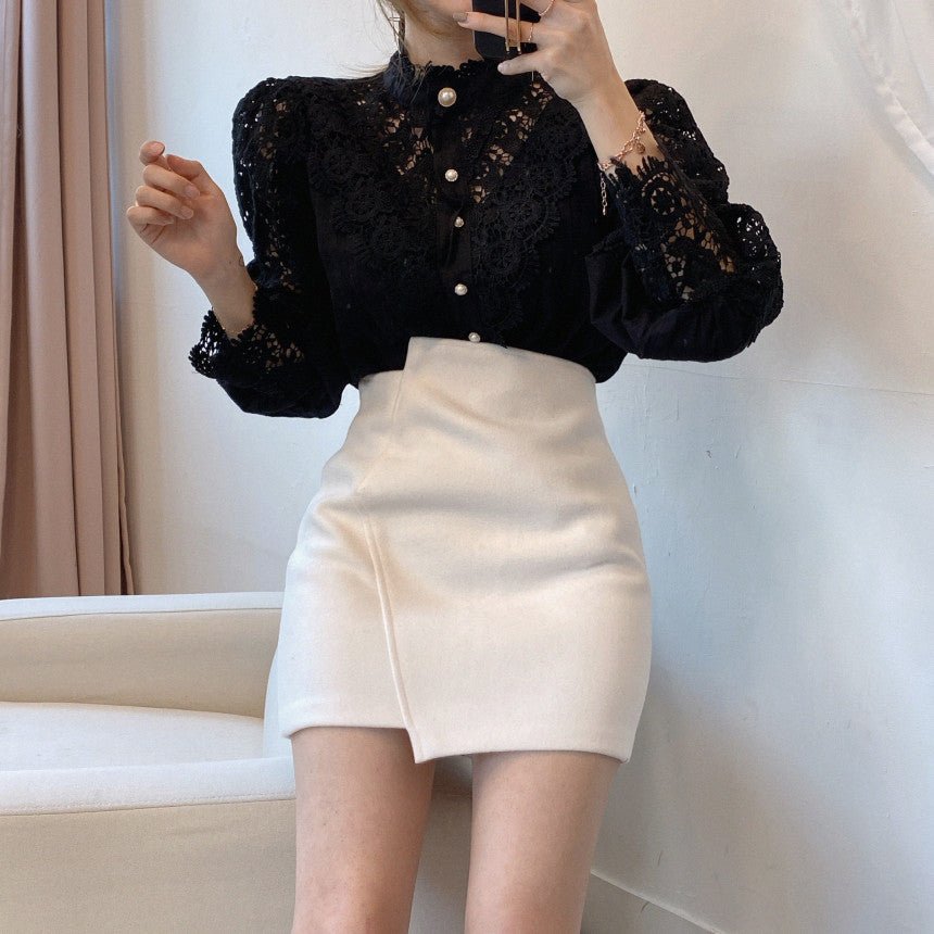 Petal Sleeve Stand Collar Hollow Out Flower Lace Patchwork Blouse - dealod