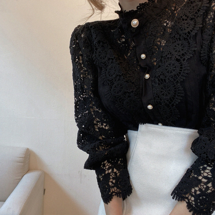 Petal Sleeve Stand Collar Hollow Out Flower Lace Patchwork Blouse - dealod