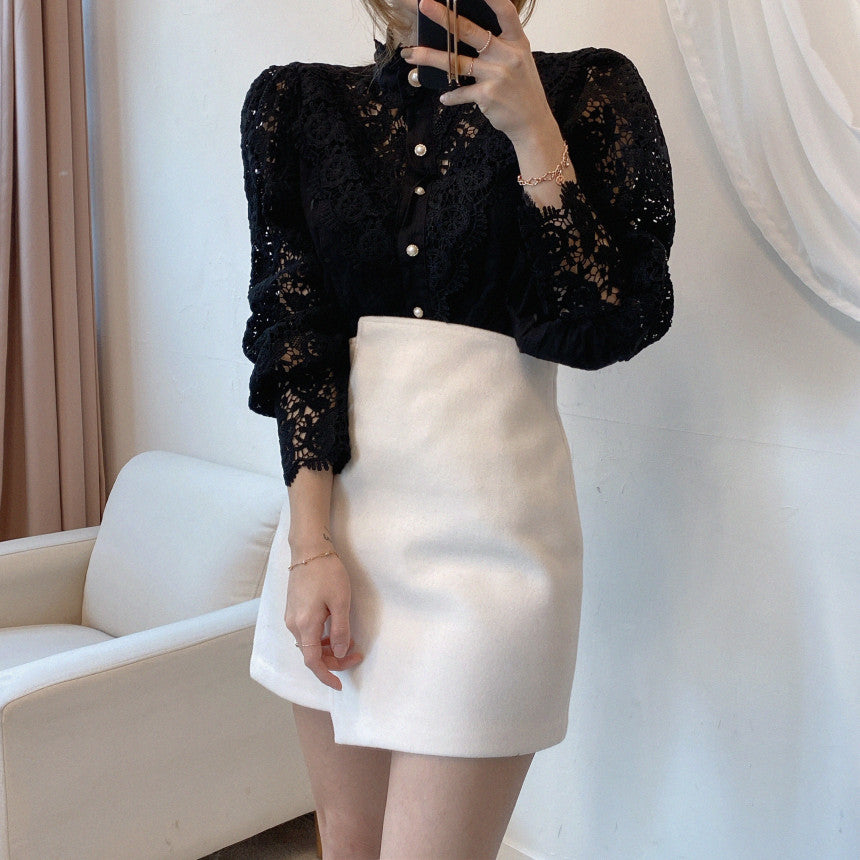 Petal Sleeve Stand Collar Hollow Out Flower Lace Patchwork Blouse - dealod